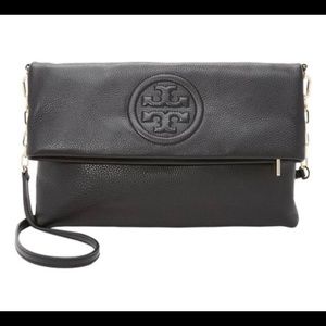 Tory Burch Bombay Foldover Crossbody in Black Pebble Leather w/gold chain accent